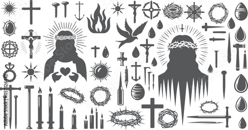 Set Of Jesus Christian Elements Silhouettes Religious Symbols Crosses, Crowns, And Sacred Icons In Black Silhouettes