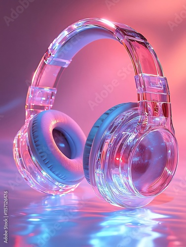 Transparent headphones with pink and purple lighting reflecting on a surface. photo