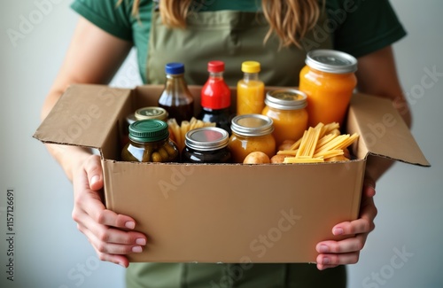 Woman volunteer holding cardboard box full of food donations. Variety of canned goods, grocery items inside. Giving assistance to needy people. Community support, social care during difficult times. photo