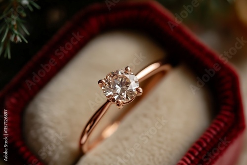 A solitaire diamond ring rests majestically in a crimson-hued, elegantly cushioned jewelry box, embodying the essence of commitment and refined elegance. photo