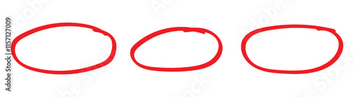 Red circle, pen draw. Highlight hand drawing different circles isolated on background. Handwritten red circle. For marking text, numbers, marker pen, pencil, logo and text check, vector illustration