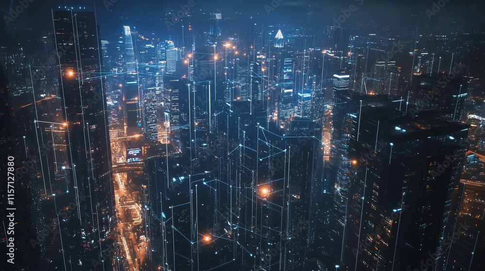 Smart digital Innovation city with connection network reciprocity over the cityscape. of future smart wireless digital city and social media networking systems that connects people with in city Smart digital Innovation city with connection network reciprocity over the cityscape. of future smart wireless digital city and social media networking systems that connects people with in city