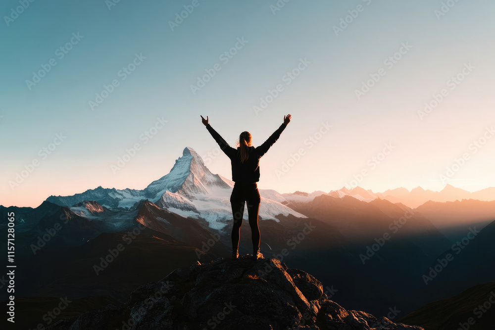 Hiker celebrating reaching the summit of the matterhorn at sunrise Hiker celebrating reaching the summit of the matterhorn at sunrise