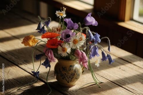 A rustic bouquet of wildflowers, poppies, and campanulas in a vintage vase, bathed in sunlight. photo