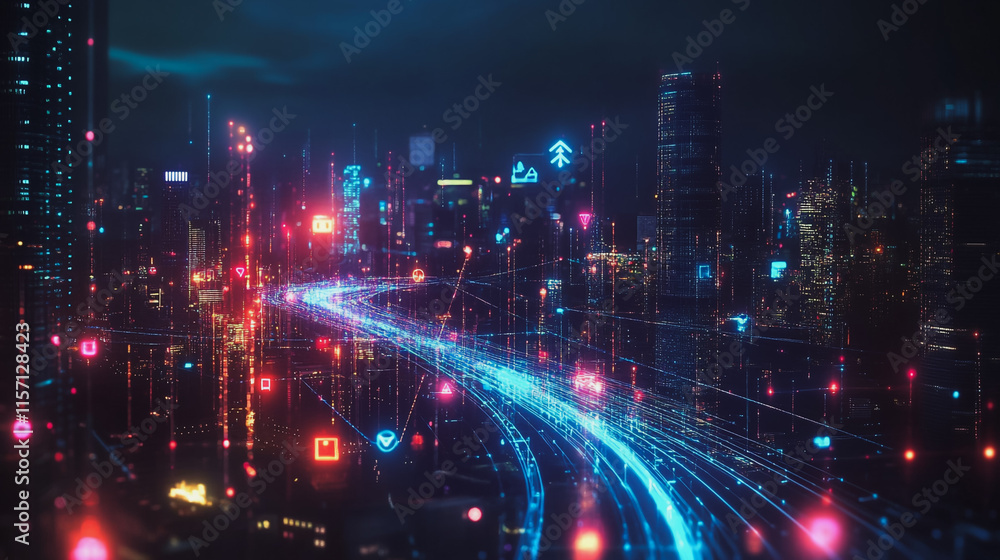Smart digital Innovation city with connection network reciprocity over the cityscape. of future smart wireless digital city and social media networking systems that connects people with in city Smart digital Innovation city with connection network reciprocity over the cityscape. of future smart wireless digital city and social media networking systems that connects people with in city