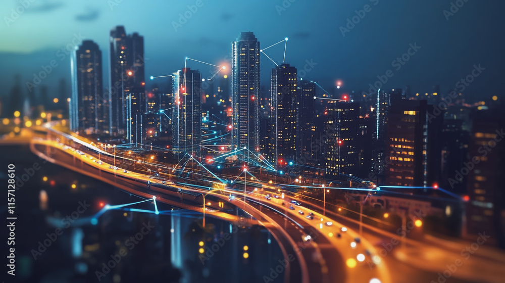 Obraz premium Smart digital Innovation city with connection network reciprocity over the cityscape. of future smart wireless digital city and social media networking systems that connects people with in city