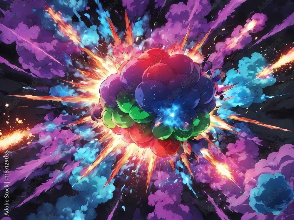 Obraz premium Magical explosion with colorful smoke in purple, green, blue, and red on a black background