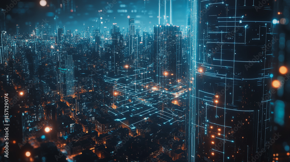 Smart digital Innovation city with connection network reciprocity over the cityscape. of future smart wireless digital city and social media networking systems that connects people with in city Smart digital Innovation city with connection network reciprocity over the cityscape. of future smart wireless digital city and social media networking systems that connects people with in city