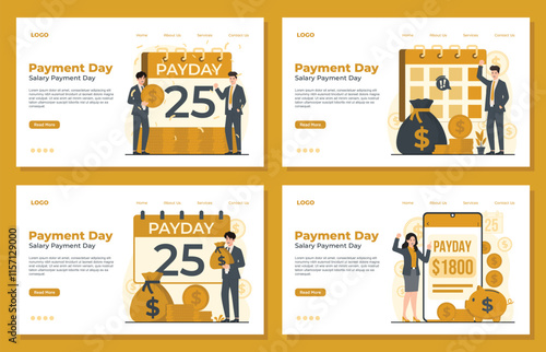 Payday landing page template set showcasing salary day concepts with payday notifications, calendars, money bags, and coins. Perfect for financial apps, banking services, and payroll systems