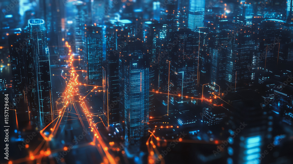 Naklejka premium Smart digital Innovation city with connection network reciprocity over the cityscape. of future smart wireless digital city and social media networking systems that connects people with in city