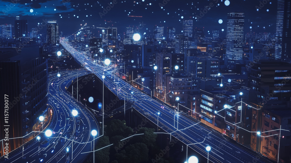 Fototapeta premium Smart digital Innovation city with connection network reciprocity over the cityscape. of future smart wireless digital city and social media networking systems that connects people with in city