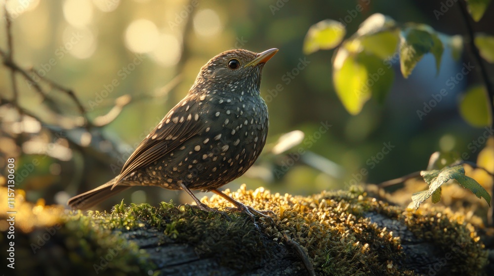 Small speckled bird perched on mossy branch in sunlight. Small speckled bird perched on mossy branch in sunlight.