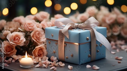 A light blue rectangular shaped gift box for mother's day event with an ideal present in focus background view photo