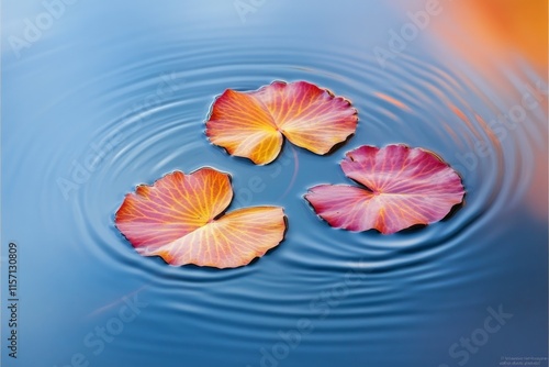 This delicate image portrays colorful leaves floating on crystal-clear water, creating ripples and embodying tranquility and the beauty of artistic simplicity. photo