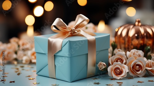 A light blue rectangular shaped gift box for mother's day event with an ideal present in focus background view photo