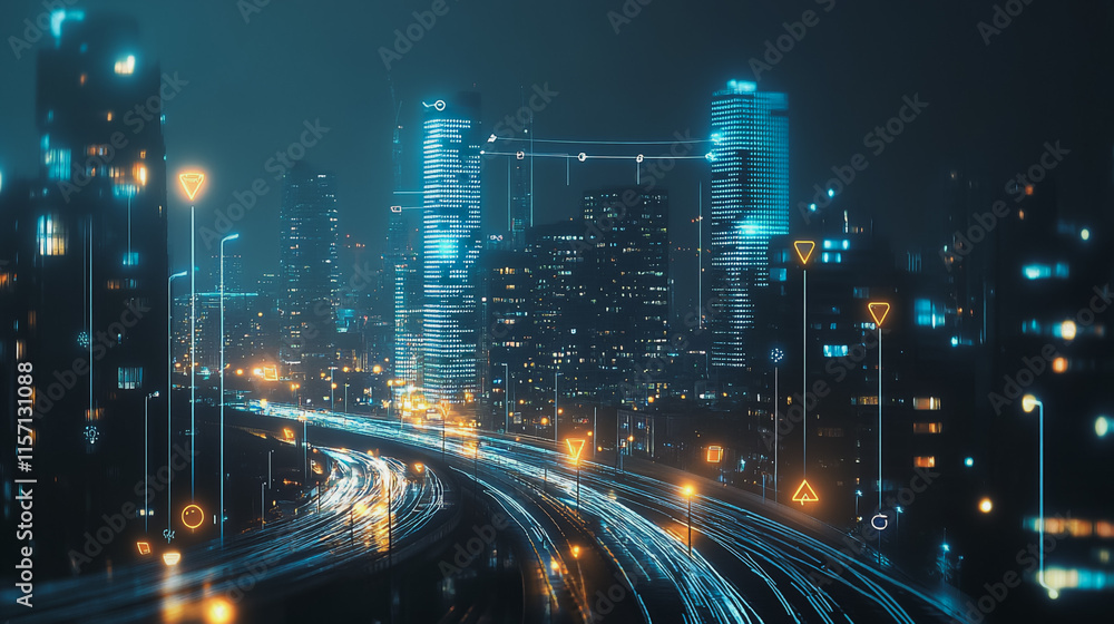 Smart digital Innovation city with connection network reciprocity over the cityscape. of future smart wireless digital city and social media networking systems that connects people with in city Smart digital Innovation city with connection network reciprocity over the cityscape. of future smart wireless digital city and social media networking systems that connects people with in city