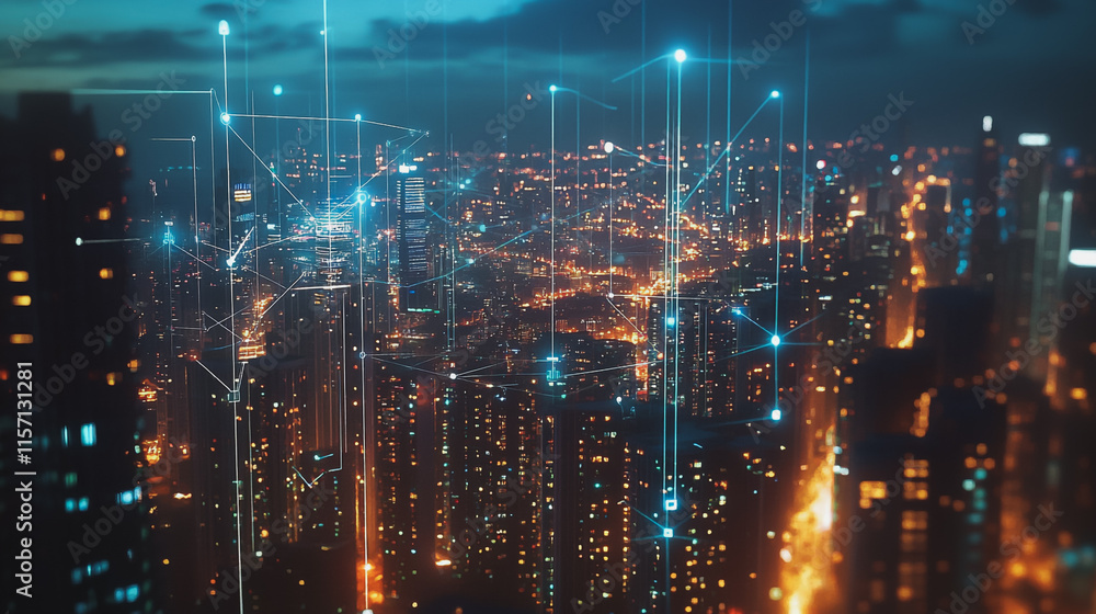 Smart digital Innovation city with connection network reciprocity over the cityscape. of future smart wireless digital city and social media networking systems that connects people with in city Smart digital Innovation city with connection network reciprocity over the cityscape. of future smart wireless digital city and social media networking systems that connects people with in city
