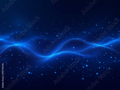 Blue digital abstract with glowing waves and particles.