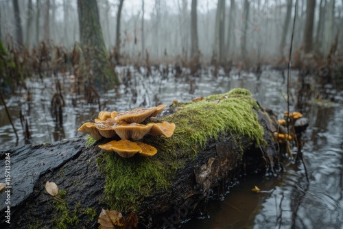 In a misty forest swamp, mushrooms thrive on a moss-covered log, embodying the serene balance of damp, wooded environments and quiet, undisturbed growth. photo