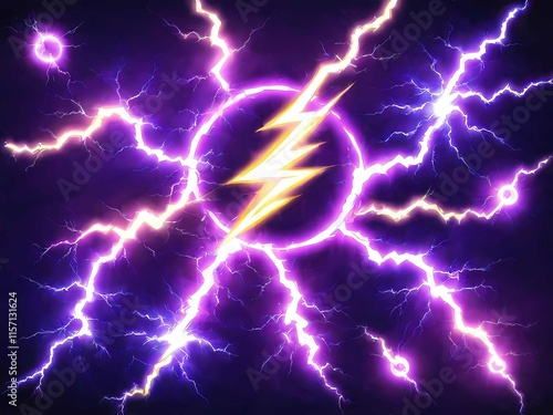 A dynamic, vibrant purple lightning bolt surges through the storm, radiating powerful electric energy photo