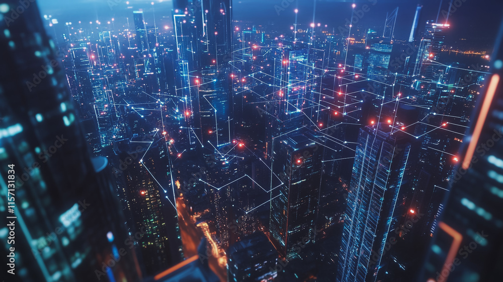 Fototapeta premium Smart digital Innovation city with connection network reciprocity over the cityscape. of future smart wireless digital city and social media networking systems that connects people with in city