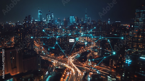 Wallpaper Mural Smart digital Innovation city with connection network reciprocity over the cityscape. of future smart wireless digital city and social media networking systems that connects people with in city Torontodigital.ca