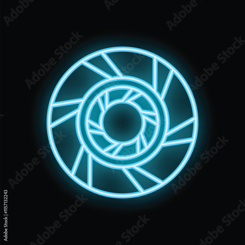 Blue neon sign illustrating a camera aperture diaphragm, forming a perfect circle, on a black background