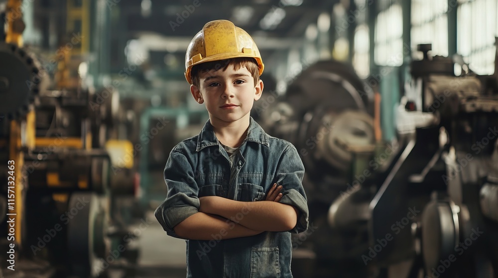 Young Industrial Worker in a Factory Setting. Confident and Determined Child in a Manufacturing Environment. Young Industrial Worker in a Factory Setting. Confident and Determined Child in a Manufacturing Environment.
