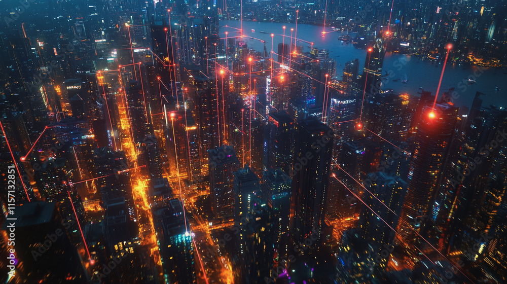 Smart digital Innovation city with connection network reciprocity over the cityscape. of future smart wireless digital city and social media networking systems that connects people with in city