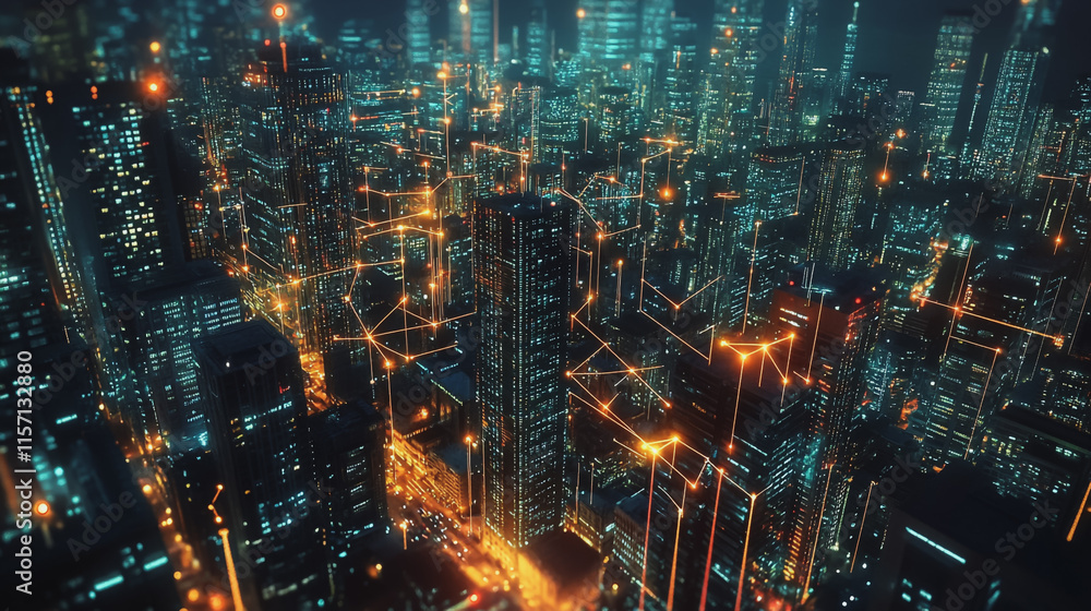 Smart digital Innovation city with connection network reciprocity over the cityscape. of future smart wireless digital city and social media networking systems that connects people with in city Smart digital Innovation city with connection network reciprocity over the cityscape. of future smart wireless digital city and social media networking systems that connects people with in city