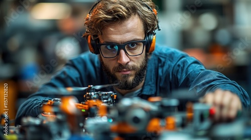 Focused male engineer wearing headphones works on a complex machine. photo