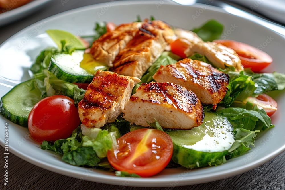 Fresh grilled chicken salad with vegetables served on a white plate at a dining table Fresh grilled chicken salad with vegetables served on a white plate at a dining table