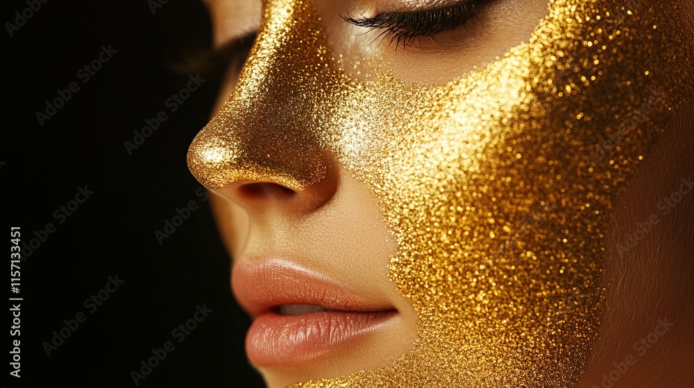 Golden Glitter Makeup Close-up: A Stunning Face Art Portrait Golden Glitter Makeup Close-up: A Stunning Face Art Portrait