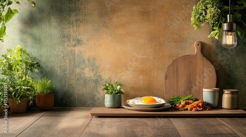 Wallpaper Mural Healthy Food Around the World, Rustic kitchen scene with a fried egg, vegetables, and herbs on a wooden table, illuminated by soft light. Torontodigital.ca