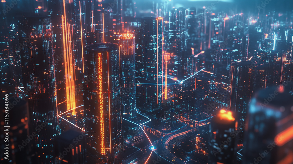 Fototapeta premium Smart digital Innovation city with connection network reciprocity over the cityscape. of future smart wireless digital city and social media networking systems that connects people with in city