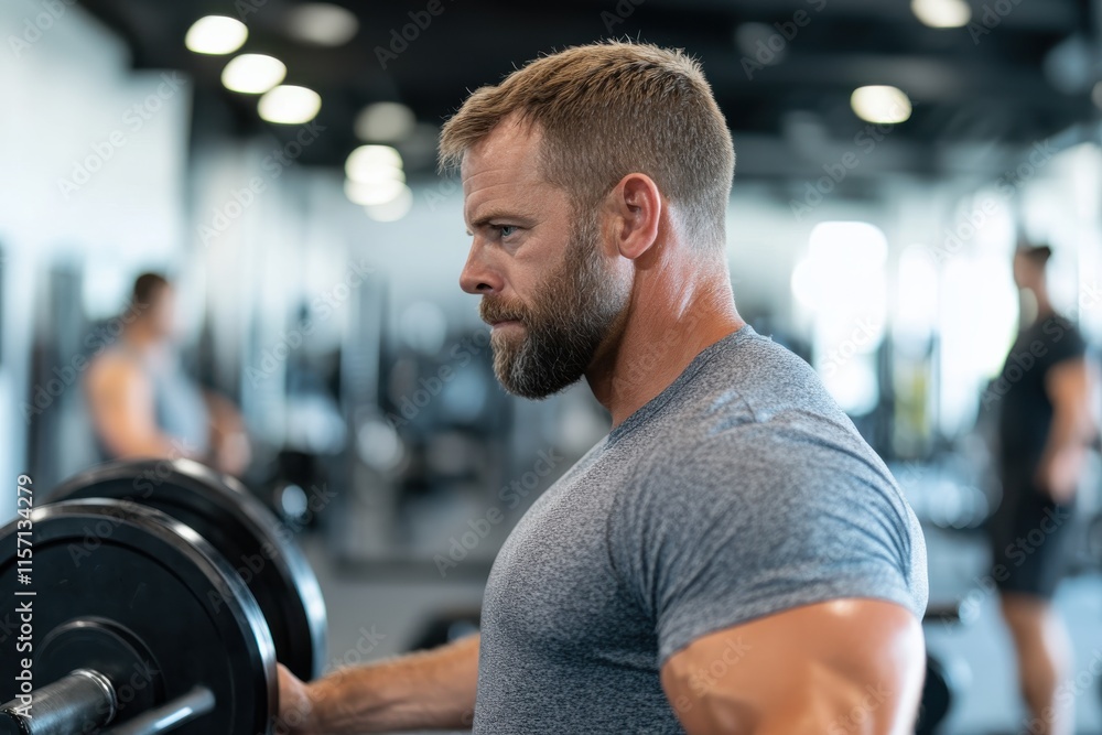 A determined man exerts focus as he lifts weights in a gym, showcasing strength and dedication to fitness amid a dynamic and energetic workout environment. A determined man exerts focus as he lifts weights in a gym, showcasing strength and dedication to fitness amid a dynamic and energetic workout environment.