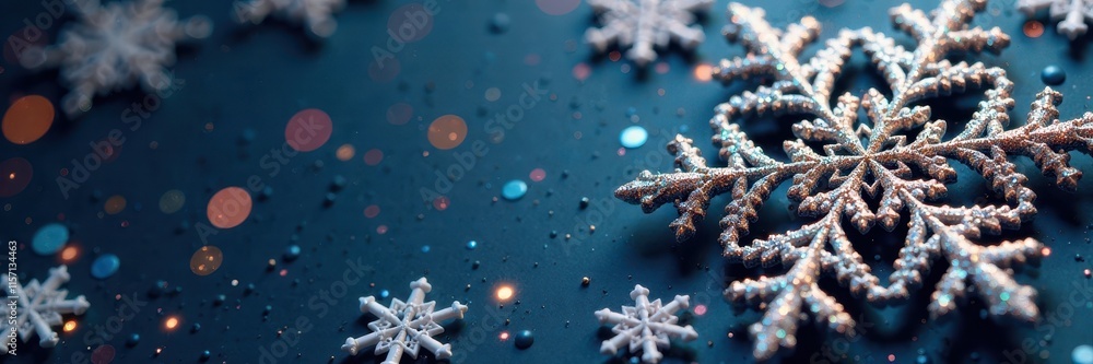 Fototapeta premium Elegant snowflake card design, intricate details, crystal, decor