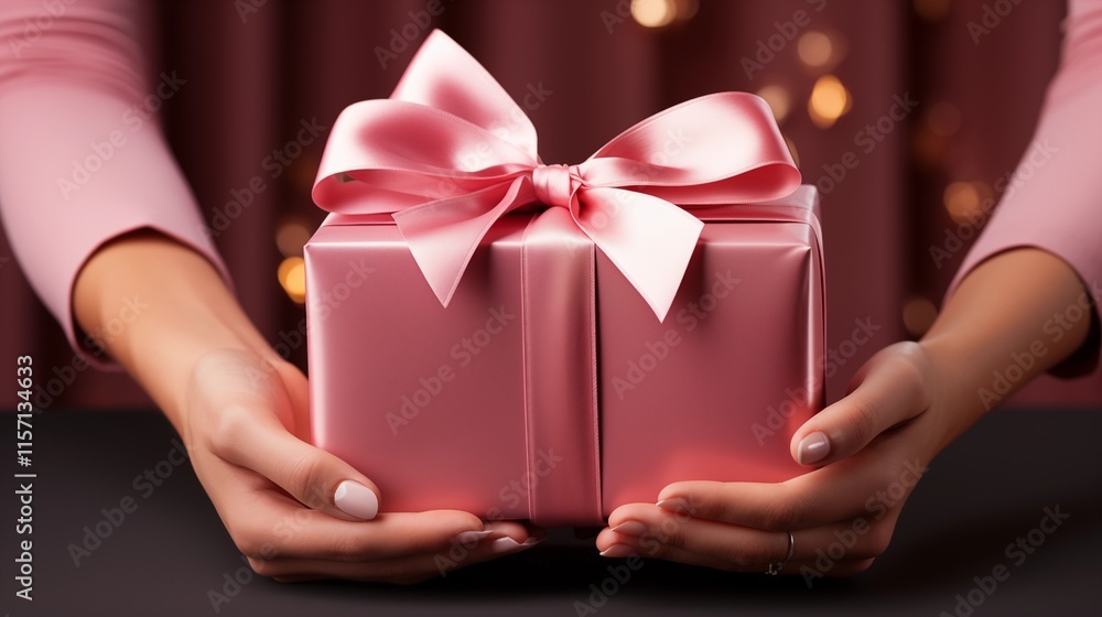 A Person giving gift box with red ribbon to another person in solid pink background. A Person giving gift box with red ribbon to another person in solid pink background.