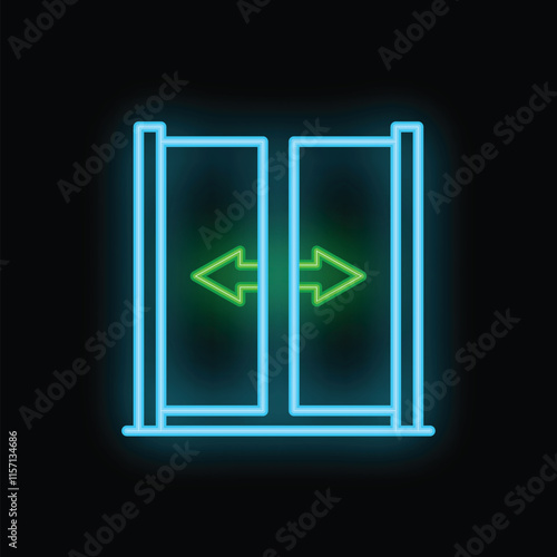 Neon automatic double sliding doors opening and closing icon glowing on a black background