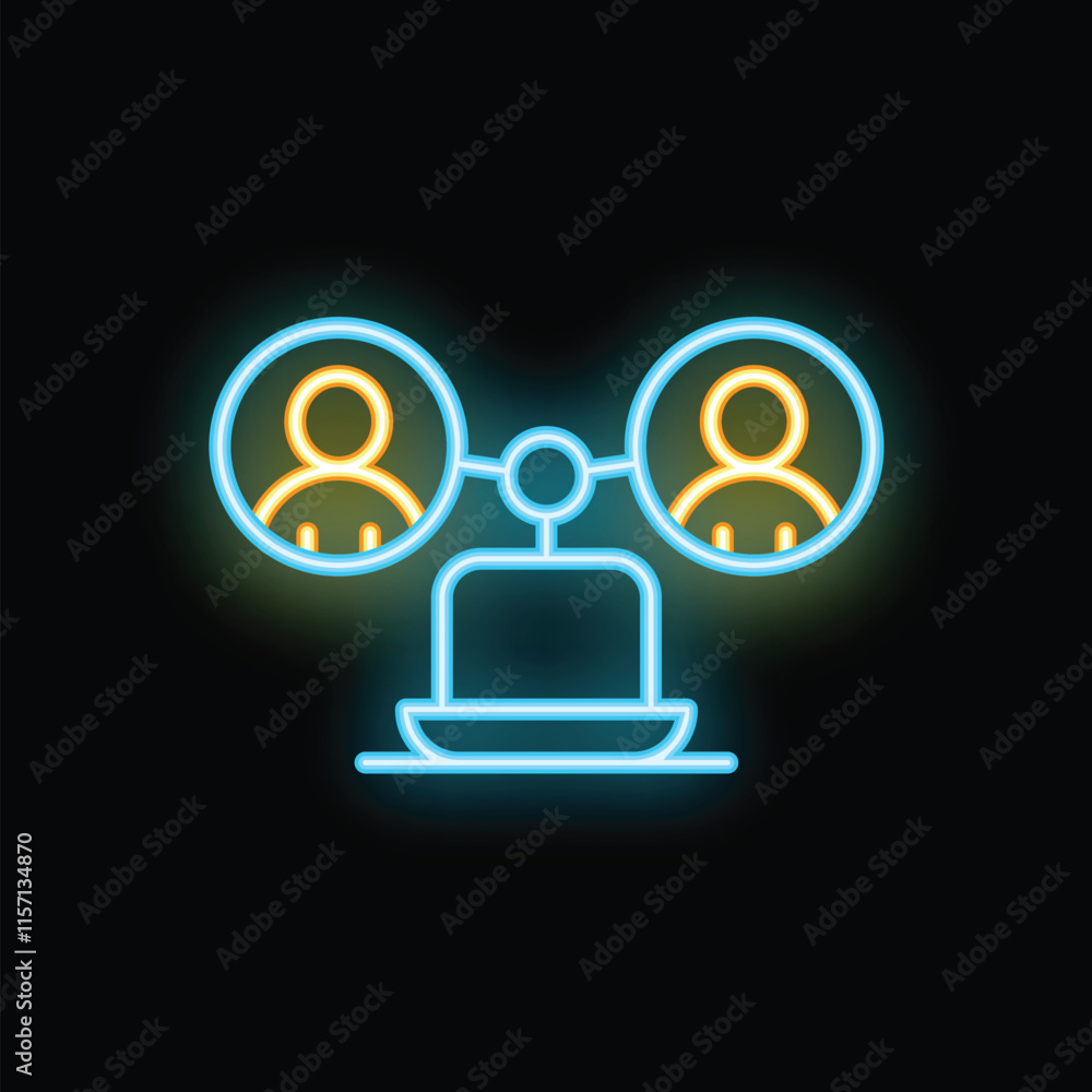 Glowing neon icon of a laptop connecting two people, representing online communication and remote collaboration Glowing neon icon of a laptop connecting two people, representing online communication and remote collaboration