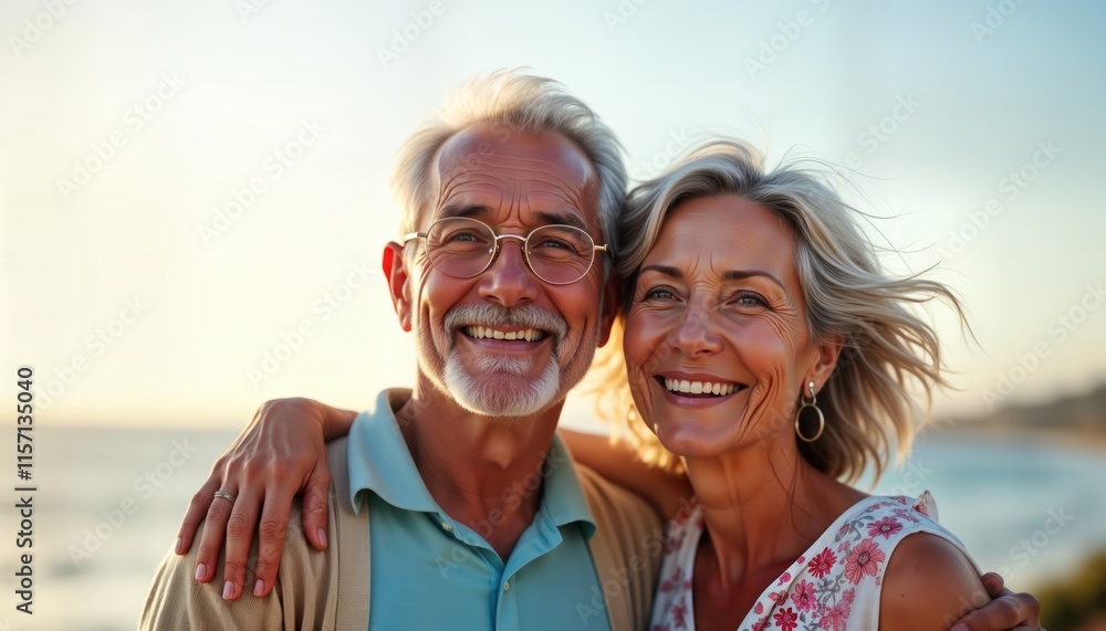 Affectionate senior couple embraces by ocean shore. Happy mature man, woman enjoy quality time outdoors. Retirement lifestyle on beautiful beach. Sunny day. Romantic moment. Couple smiling happily. Affectionate senior couple embraces by ocean shore. Happy mature man, woman enjoy quality time outdoors. Retirement lifestyle on beautiful beach. Sunny day. Romantic moment. Couple smiling happily.