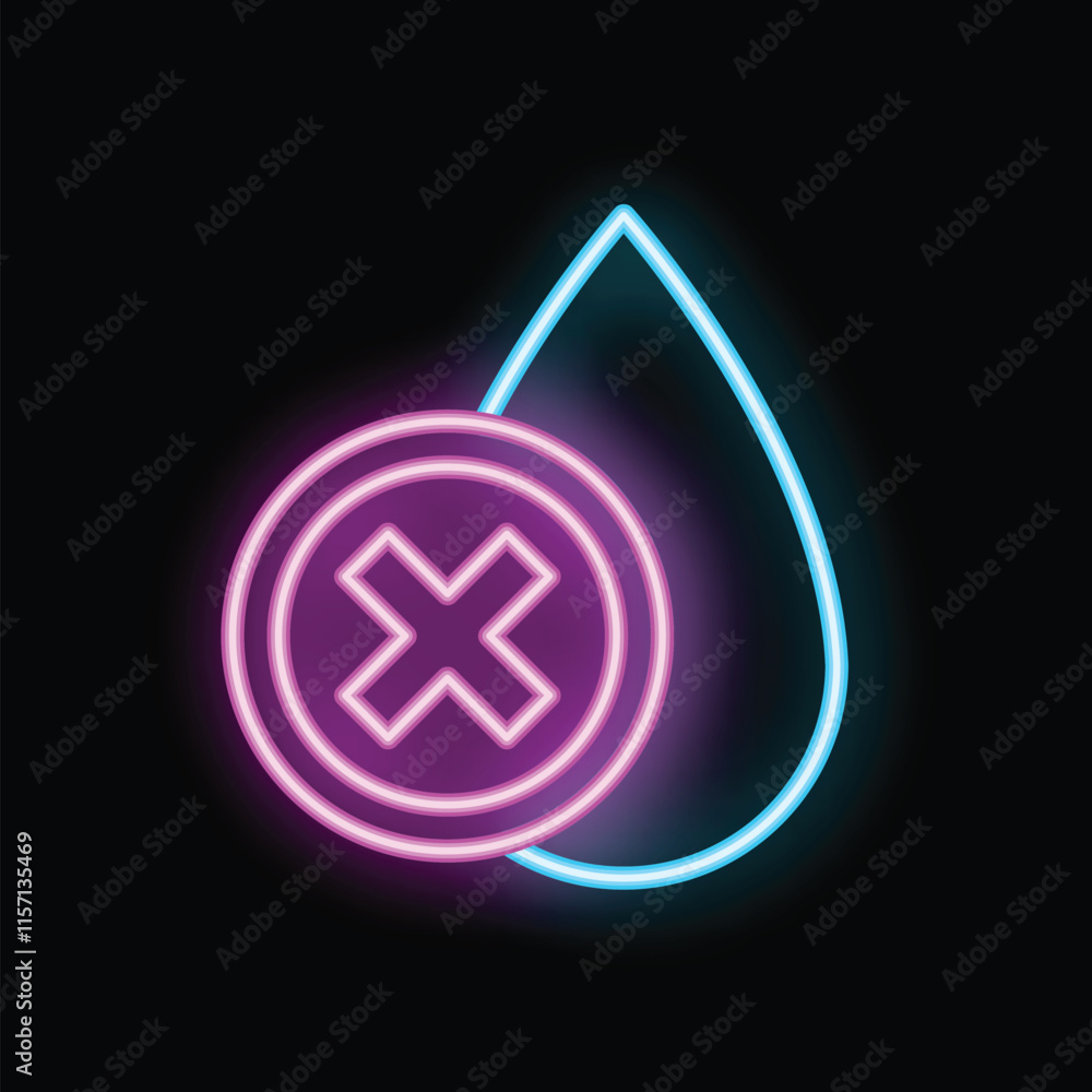 Neon sign illustrating a water drop with a cross sign, suggesting a concept of water restriction or prohibition Neon sign illustrating a water drop with a cross sign, suggesting a concept of water restriction or prohibition