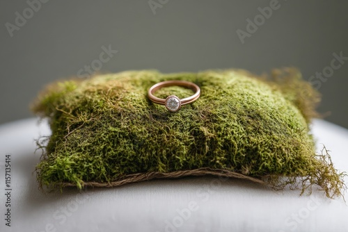 A stunning engagement ring displayed on a textured moss cushion, embodying a union of elegance and nature. Perfect for celebrating love and commitment symbolically. photo