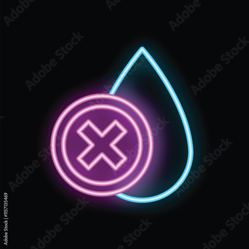 Neon sign illustrating a water drop with a cross sign, suggesting a concept of water restriction or prohibition