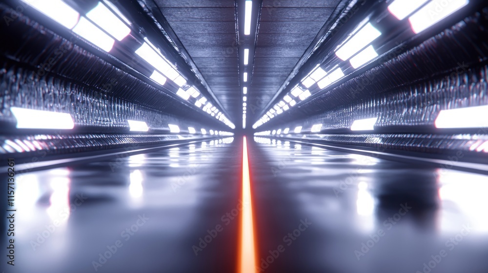 Futuristic glowing tunnel with orange line. Futuristic glowing tunnel with orange line.