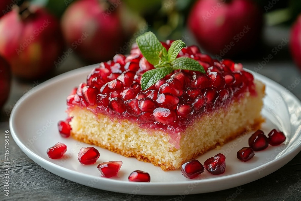 Delicious cake topped with fresh pomegranate seeds and mint on a decorative white plate Delicious cake topped with fresh pomegranate seeds and mint on a decorative white plate