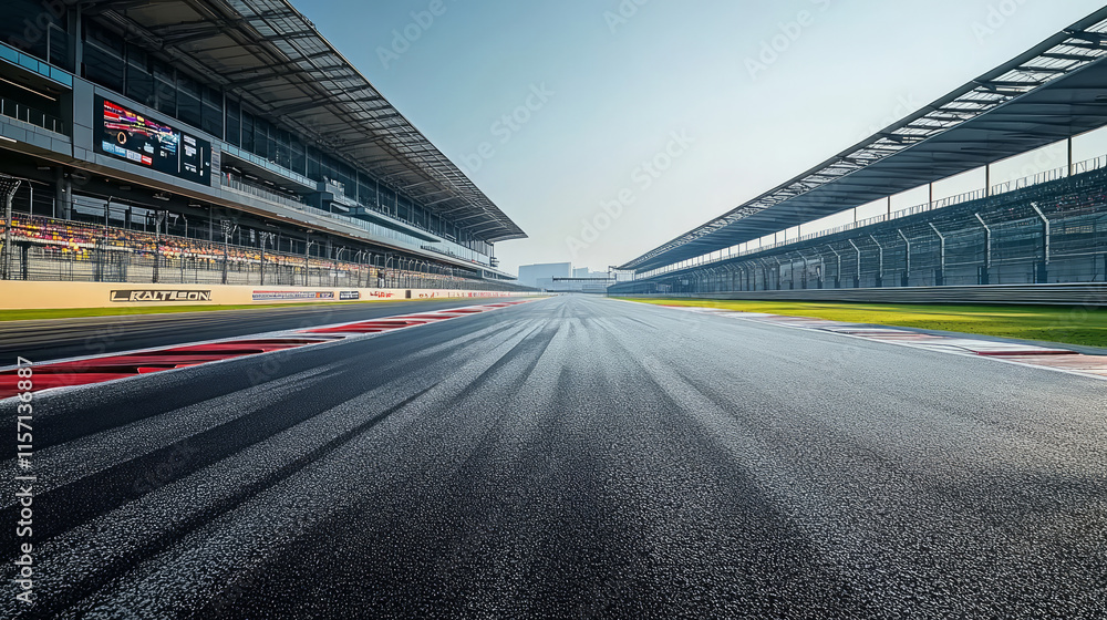 Low angle view of F1 Formula One racetrack grandstand background Low angle view of F1 Formula One racetrack grandstand background