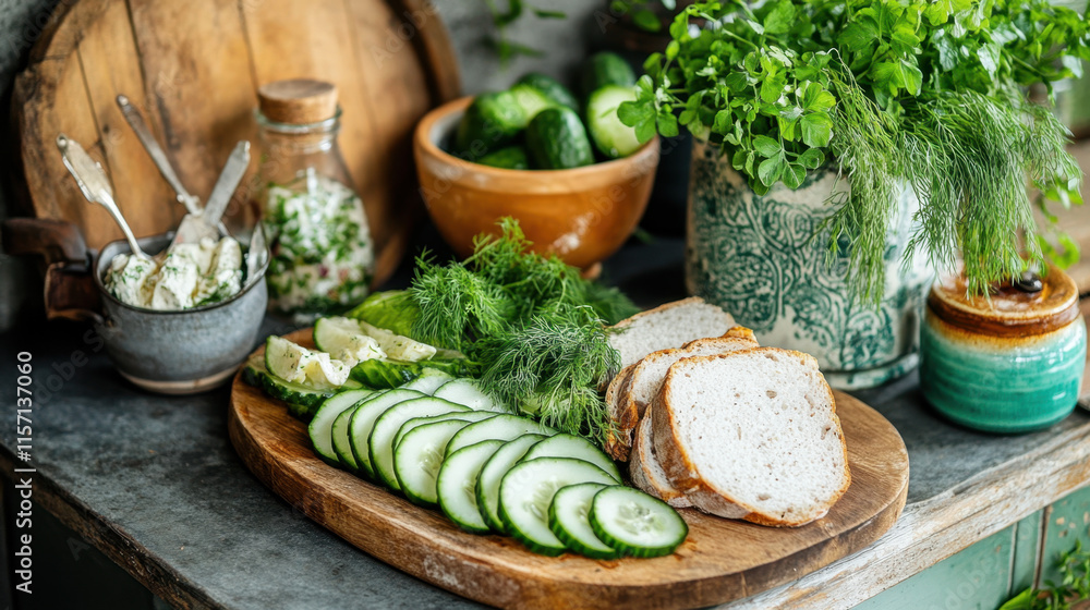 Healthy Food Around the World, A rustic wooden board displays sliced cucumbers, bread, fresh herbs, and a bowl of greens, creating a vibrant and healthy food arrangement. Healthy Food Around the World, A rustic wooden board displays sliced cucumbers, bread, fresh herbs, and a bowl of greens, creating a vibrant and healthy food arrangement.