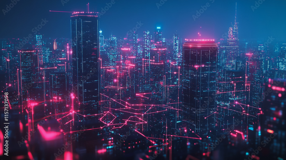 Fototapeta premium Smart digital Innovation city with connection network reciprocity over the cityscape. of future smart wireless digital city and social media networking systems that connects people with in city