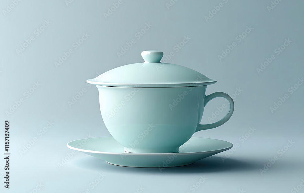 Light blue teacup with lid and saucer on a light blue background. Light blue teacup with lid and saucer on a light blue background.